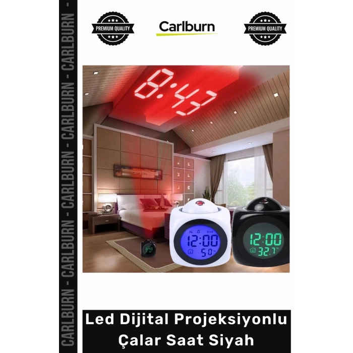 Özel Üretim Modern Dekoratif Aynalı Termometreli Masaüstü Led Dijital Projeksiyonlu Çalar Saat Siyah