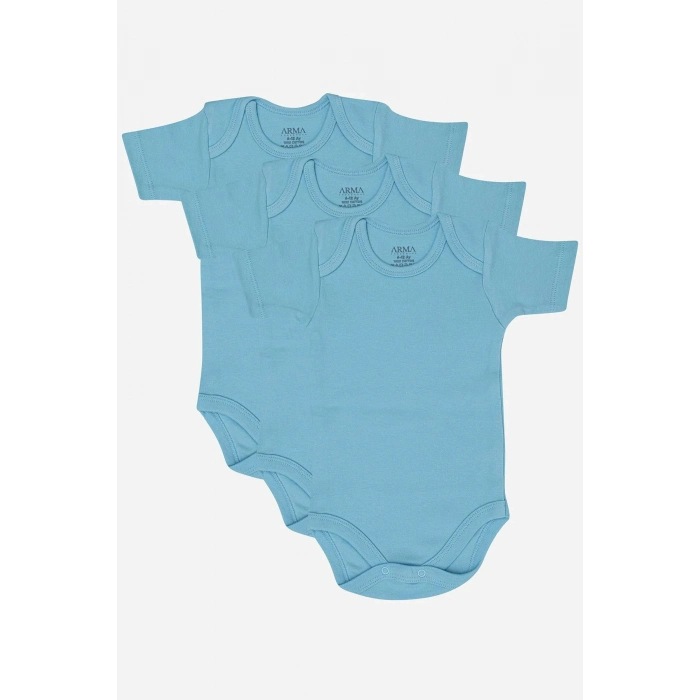 #ErkekZıbın Yumuşak Esnek Kaliteli %100 Organik Pamuk 3lü Mavi Kısa Kollu Bebek Çıtçıtlı Zıbın Body