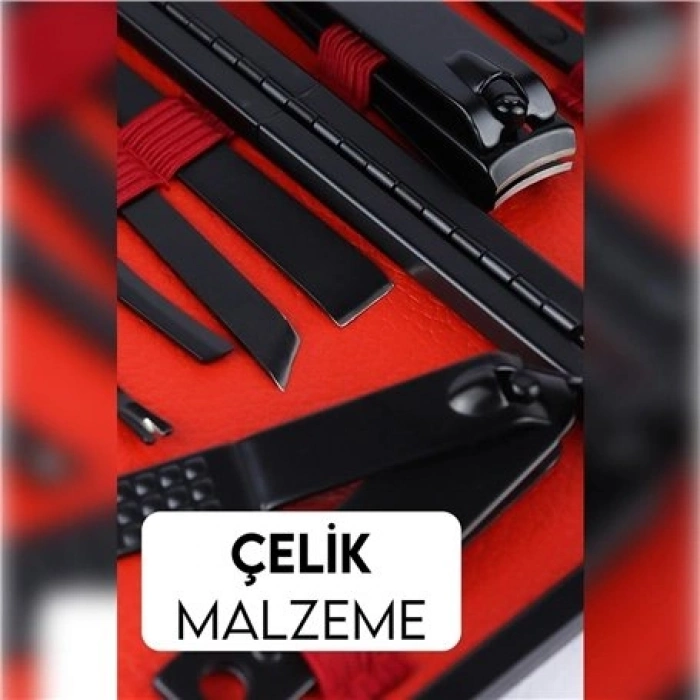 Özel Üretim Paslanmaz Çelik Siyah Seri Deri Kutulu Ayak Pedikür 17 PARÇA PROFESYONEL MANİKÜR SETİ