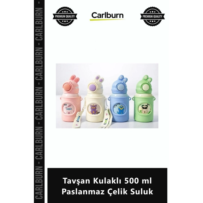 Özel Üretim Çocuk Termosu Pipetli Sızdırmaz Kilitli Tavşan Kulaklı 500 ml Paslanmaz Çelik Suluk