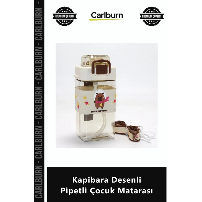 Özel Üretim BPA İçermeyen Sızdırmaz Askılı Silikon Kılıflı Kapibara Desenli Pipetli Çocuk Matarası