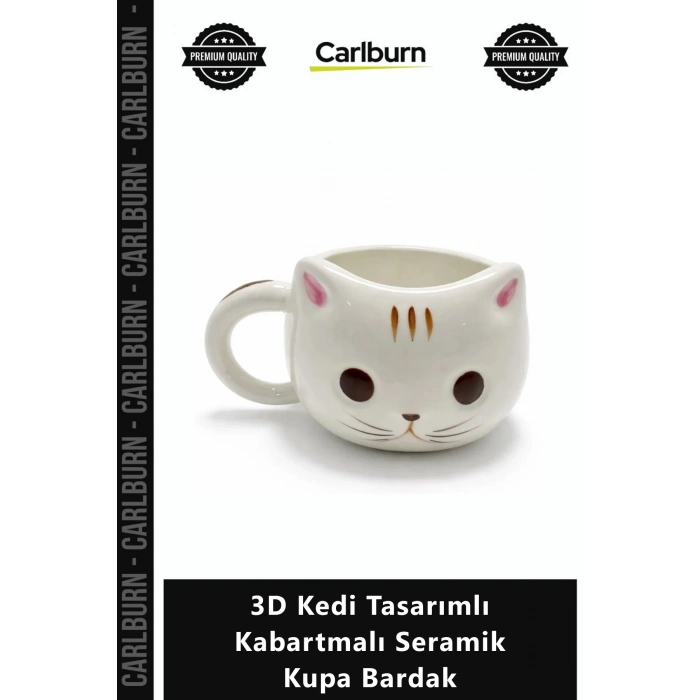 Özel Üretim Hediyelik Dekoratif El Yapımı Kahve 3D Kedi Tasarımlı Kabartmalı Seramik Kupa Bardak