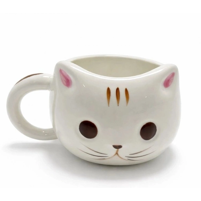 Özel Üretim Hediyelik Dekoratif El Yapımı Kahve 3D Kedi Tasarımlı Kabartmalı Seramik Kupa Bardak