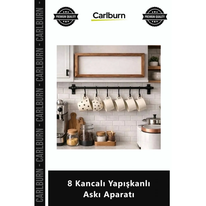Özel Üretim Mutfak Banyo Vidasız Delmeden Siyah Kaliteli Şık 8 Kancalı Yapışkanlı Askı Aparatı