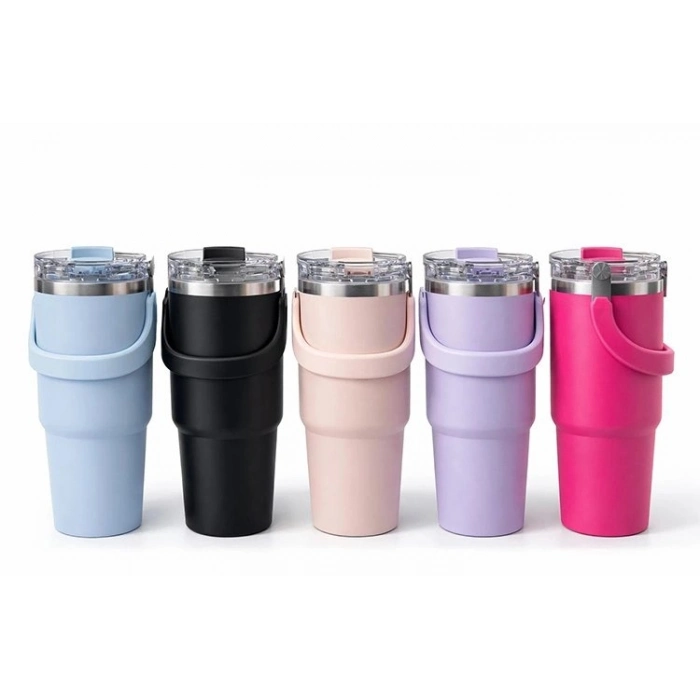 Özel Üretim Sızdırmaz Vakumlu Kamp Renkli 900 ml Taşıma Kulplu Paslanmaz Çelik Termos Mug Bardak