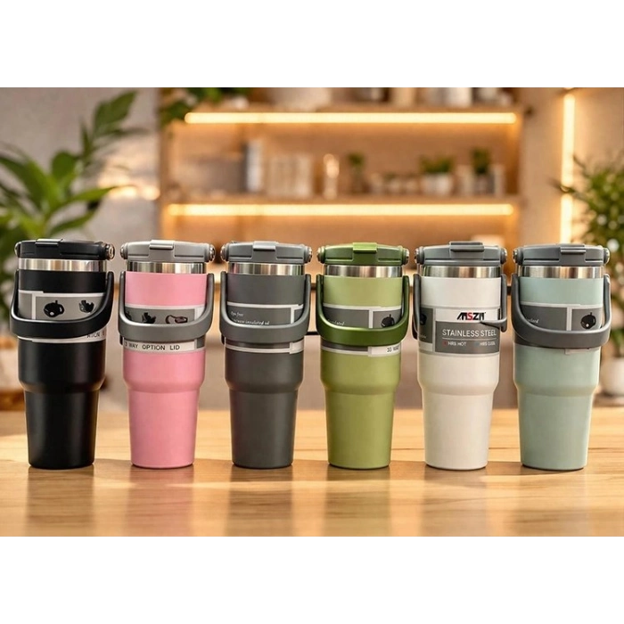 Özel Üretim Isı Yalıtımlı Sızdırmaz Renkli 700 ml Taşıma Kulplu Paslanmaz Çelik Termos Mug Bardak