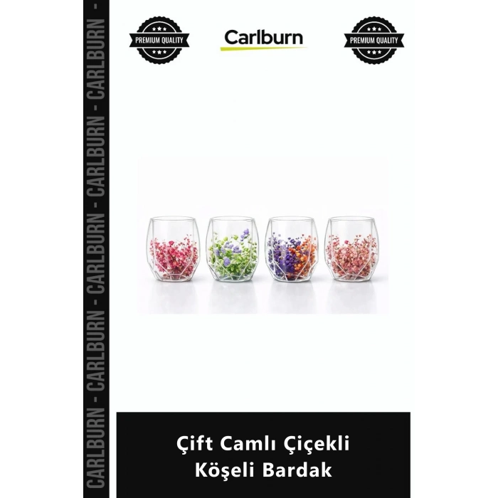 Özel Üretim Borosilikat Isıya Dayanıklı Tasarım Cidarlı Şık Modern Çift Camlı Çiçekli Köşeli Bardak