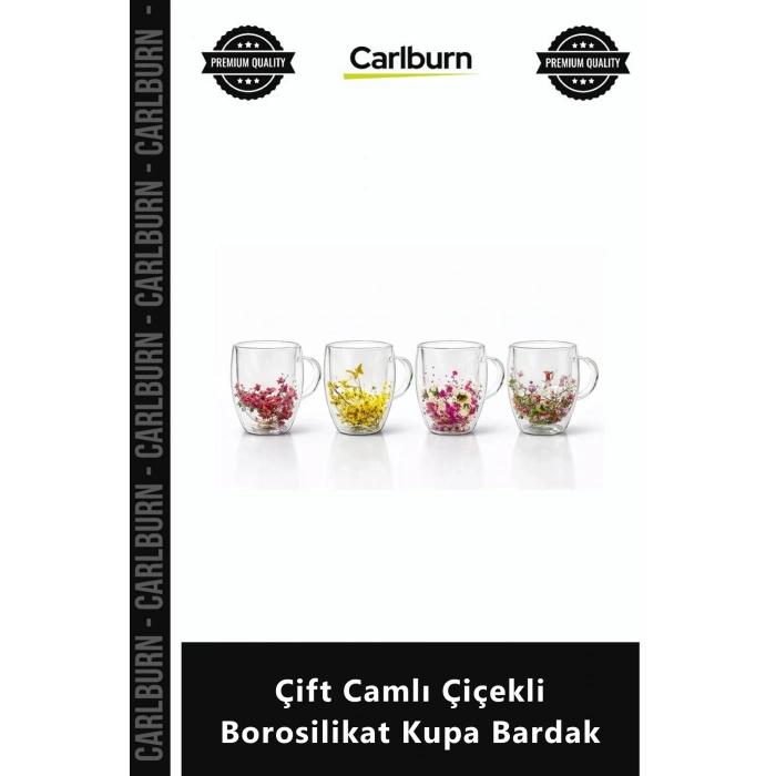 Özel Üretim Isıya Dayanıklı Tasarım Double Wall Kulplu Çift Camlı Çiçekli Borosilikat Kupa Bardak