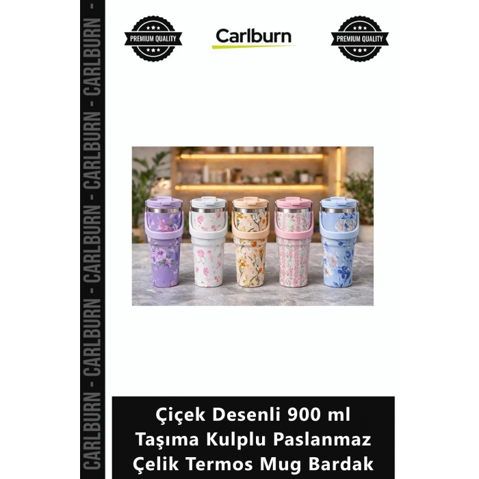 Özel Üretim Vakumlu Sızdırmaz Çiçek Desenli 900 ml Taşıma Kulplu Paslanmaz Çelik Termos Mug Bardak