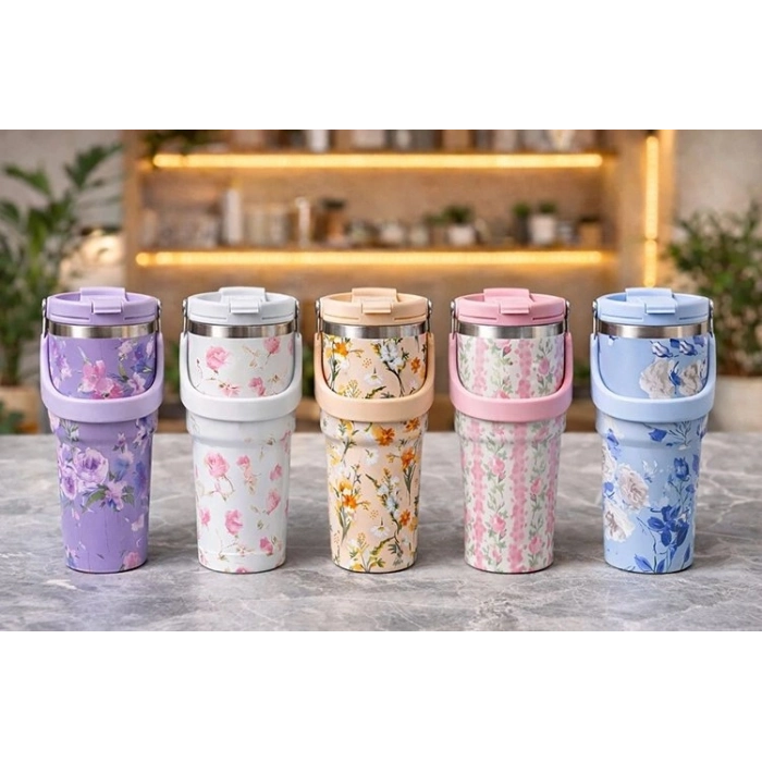 Özel Üretim Vakumlu Sızdırmaz Çiçek Desenli 900 ml Taşıma Kulplu Paslanmaz Çelik Termos Mug Bardak