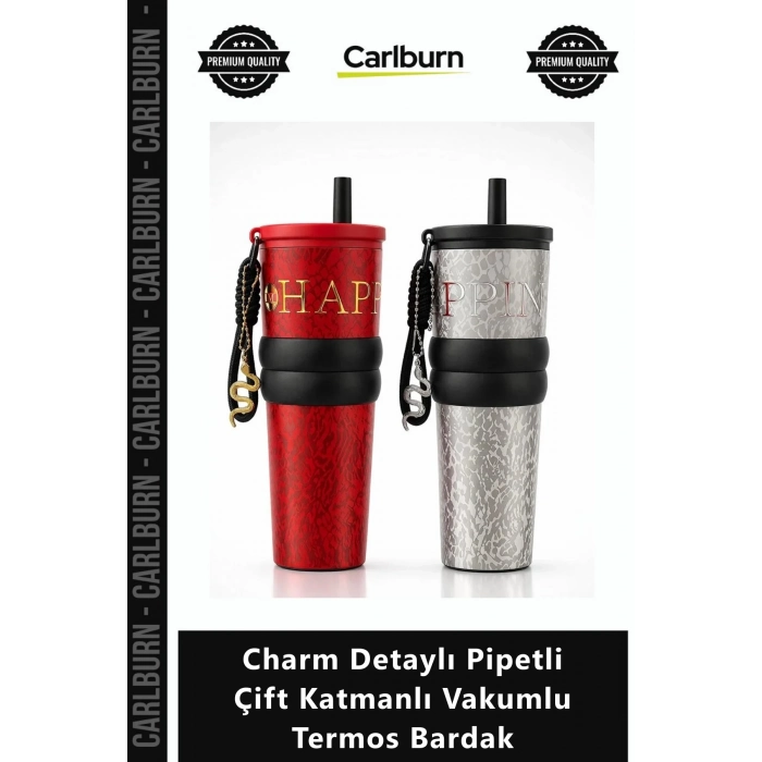 Özel Üretim Paslanmaz Çelik Lüks Gold Charm Detaylı Pipetli Çift Katmanlı Vakumlu Termos Bardak