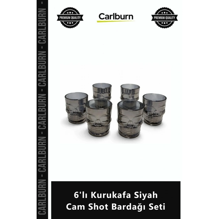 Özel Üretim Füme Tasarım Kabartmalı Lüks Modern Hediye 6lı Kurukafa Siyah Cam Shot Bardağı Seti