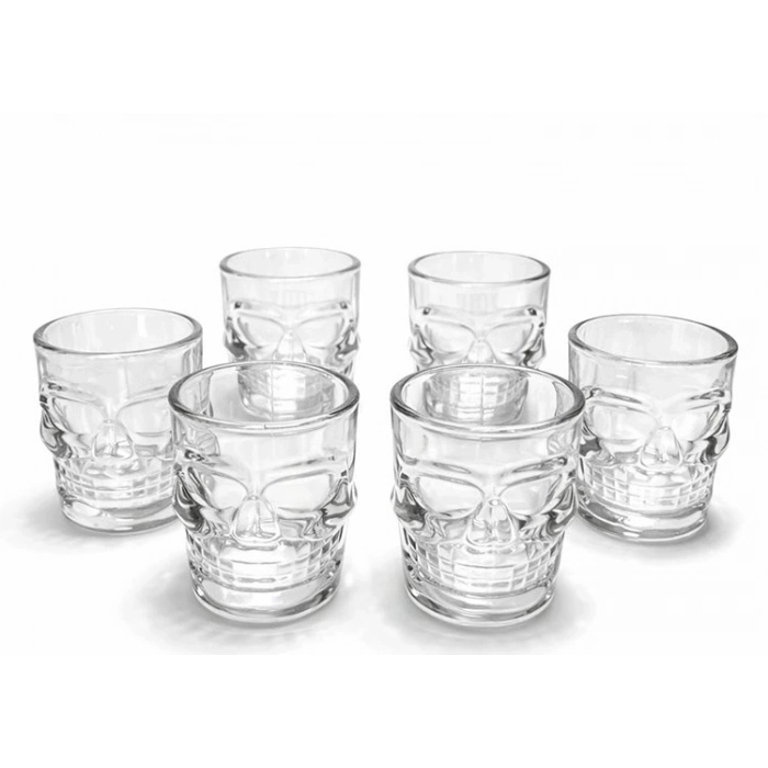 Özel Üretim Dekoratif Modern Marjinal Tasarım 6lı Kurukafa Şeffaf Cam Shot Bardağı Seti 9x8 cm