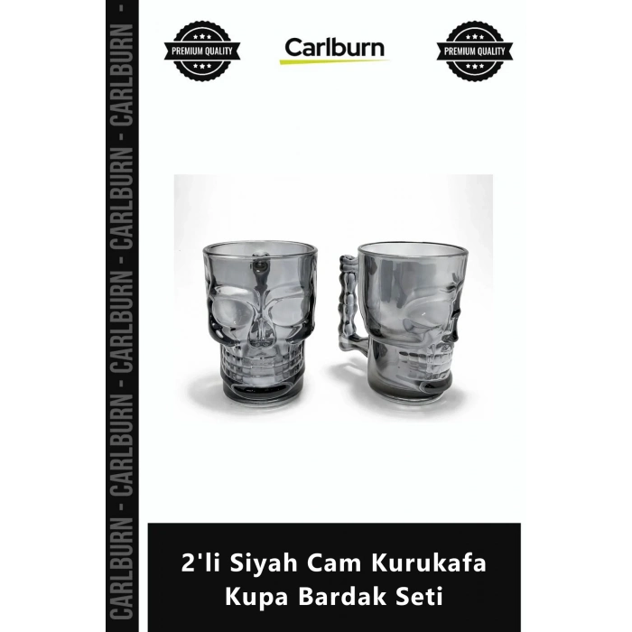Özel Üretim Hediyelik 3D Füme Büyük Hacimli Estetik Sunum 2li Siyah Cam Kurukafa Kupa Bardak Seti
