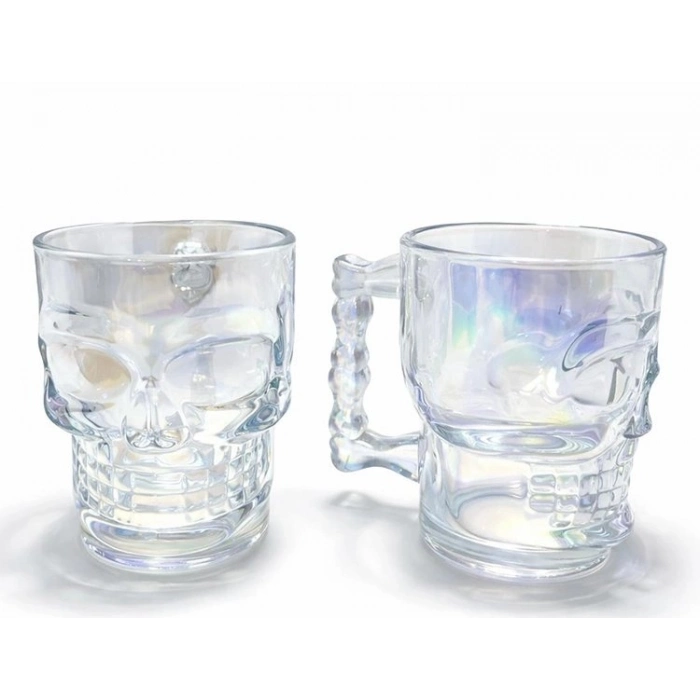 Özel Üretim Hediyelik 3D Modern Estetik Marjinal Tasarım 2li Şeffaf Cam Kurukafa Kupa Bardak Seti