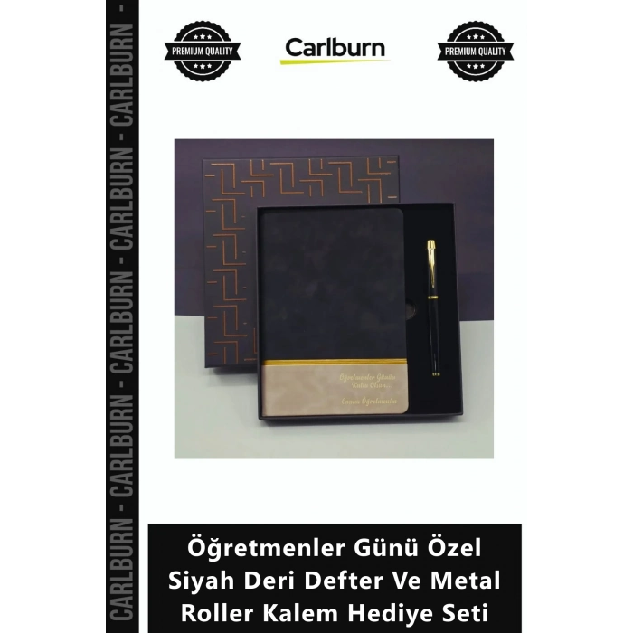 Özel Üretim İsimli Şık A5 Öğretmenler Günü Özel Siyah Deri Defter Metal Roller Kalem Hediye Seti