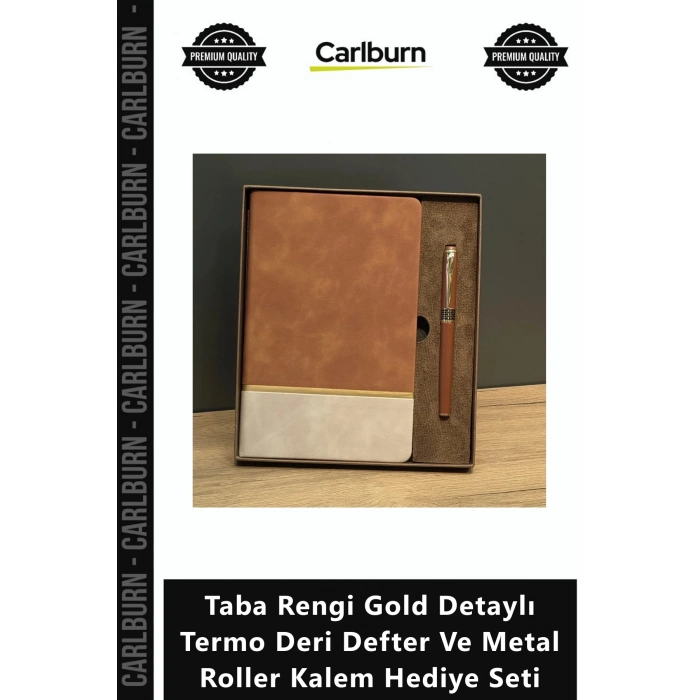 Özel Üretim Prestijli Taba Rengi Gold Detaylı Termo Deri Defter Metal Roller Kalem Hediye Seti