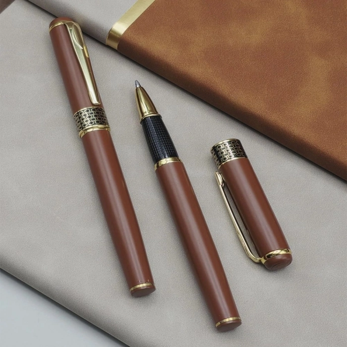 Özel Üretim Prestijli Taba Rengi Gold Detaylı Termo Deri Defter Metal Roller Kalem Hediye Seti