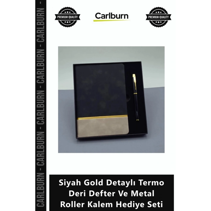 Özel Üretim Prestijli Şık Siyah Gold Detaylı Termo Deri Defter Metal Roller Kalem Hediye Seti