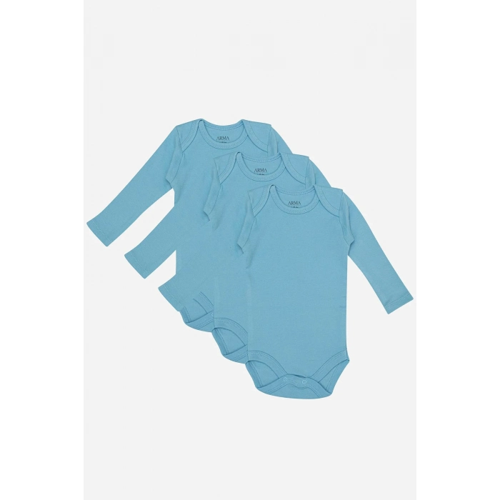 #Zıbın Yumuşak Konforlu %100 Organik Pamuk 3lü Mavi Uzun Kollu Bebek Çıtçıtlı Zıbın Body