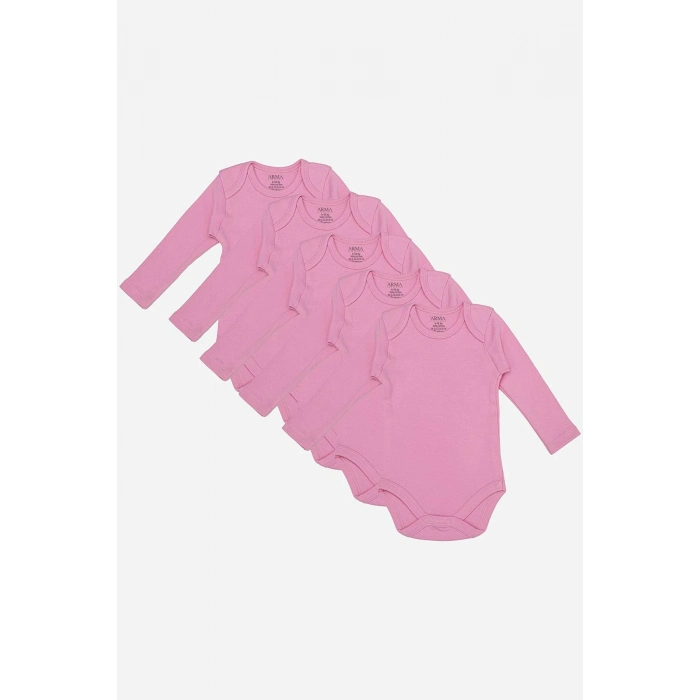 Özel Üretim Bisiklet Yaka Çıtçıtlı Rahat %100 Organik Pamuklu Pembe Uzun Kollu Bebek Body 5li Paket