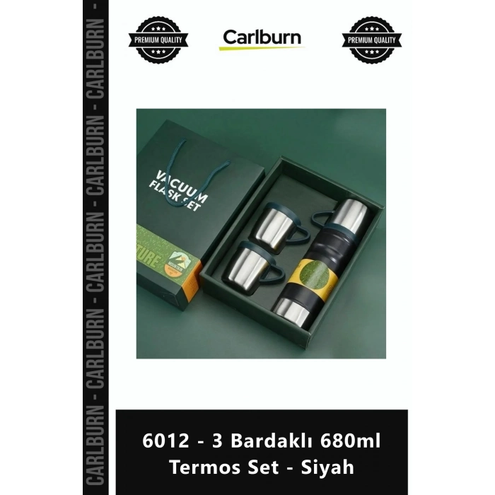 Özel Üretim Çelik Vakumlu Isı Yalıtımlı Sızdırmaz Modern 6012 3 Bardaklı 680ml Termos Set Siyah