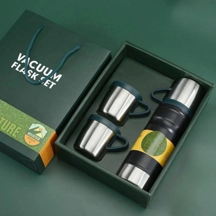 Özel Üretim Çelik Vakumlu Isı Yalıtımlı Sızdırmaz Modern 6012 3 Bardaklı 680ml Termos Set Siyah