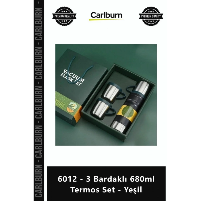 Özel Üretim Çelik Vakumlu Isı Korumalı Şık Hediye Kutulu 6012 3 Bardaklı 680ml Termos Set Yeşil