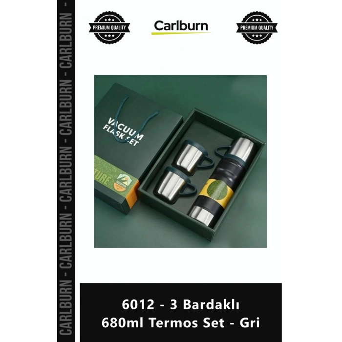 Özel Üretim Çelik Paslanmaz Hediye Kutulu Vakumlu Konfor 6012 3 Bardaklı 680ml Termos Set Gri