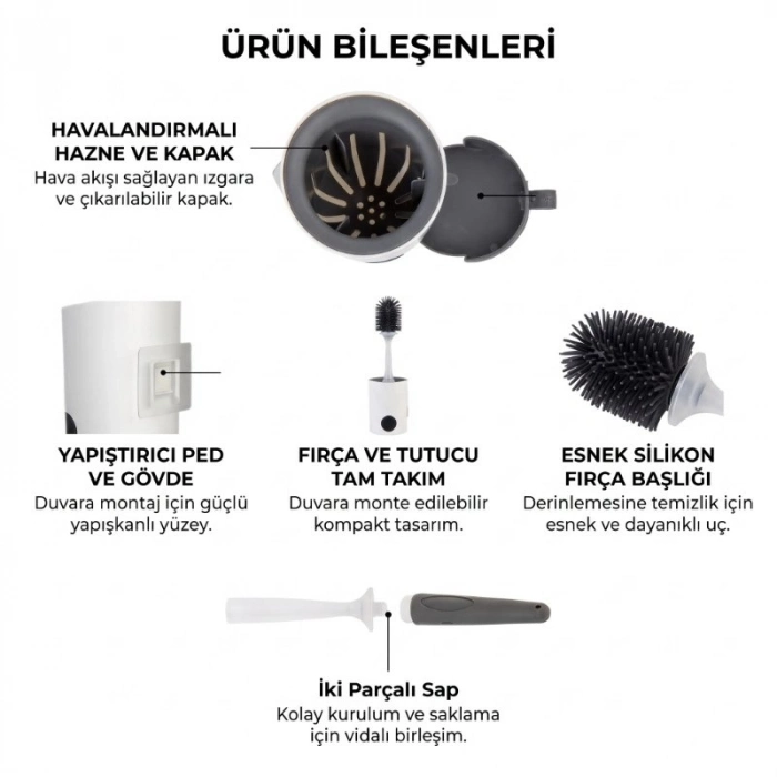 Özel Üretim Hijyenik Askılı Banyo Temizlik Duvara Monte Tuvalet Fırçası Deterjan Hazneli Silikon