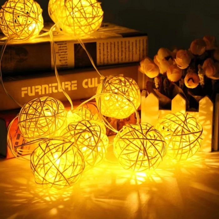 Özel Üretim Dekoratif Şık Estetik Ambiyans 4cm Lamba 2m 10 Led Pilli 2 Kademeli Rattan Top Gün ışığı