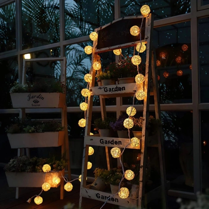 Özel Üretim Dekoratif Şık Estetik Ambiyans 4cm Lamba 2m 10 Led Pilli 2 Kademeli Rattan Top Gün ışığı