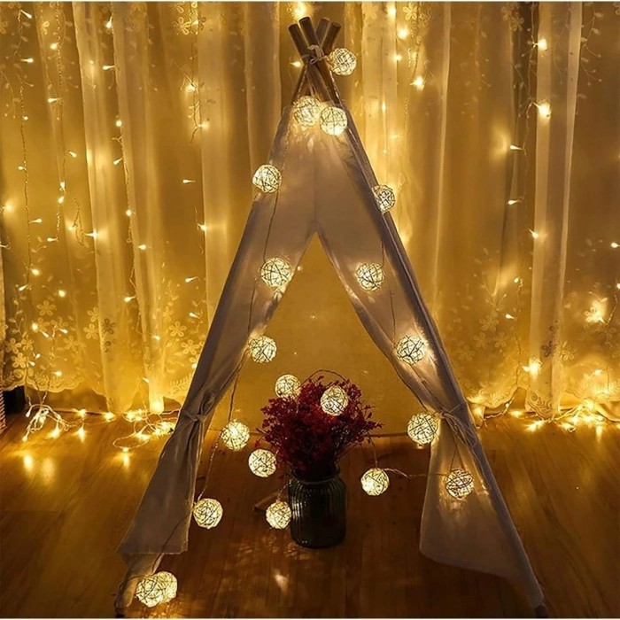 Özel Üretim Dekoratif Şık Estetik Ambiyans 4cm Lamba 2m 10 Led Pilli 2 Kademeli Rattan Top Gün ışığı