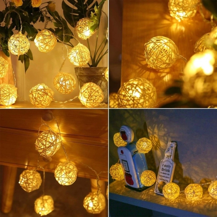 Özel Üretim Dekoratif Şık Estetik Ambiyans 4cm Lamba 2m 10 Led Pilli 2 Kademeli Rattan Top Gün ışığı