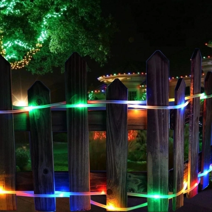 Özel Üretim Şeffaf Silikon Kablolu Su Geçirmez Dekoratif Aydınlatma 10m 100 Led Solar Led Işık RGB