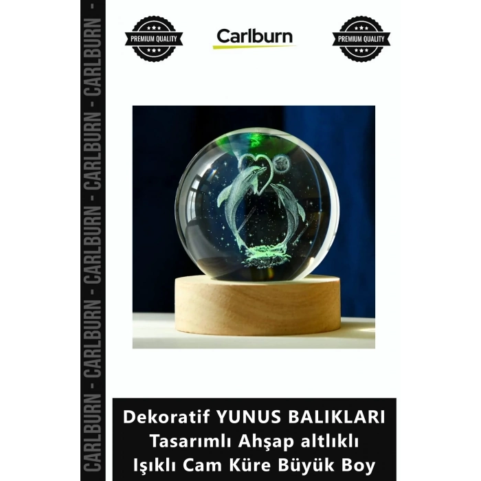 Özel Üretim Hediye Estetik Dekoratif YUNUS BALIKLARI Tasarımlı Ahşap altlıklı Işıklı Cam Küre Büyük