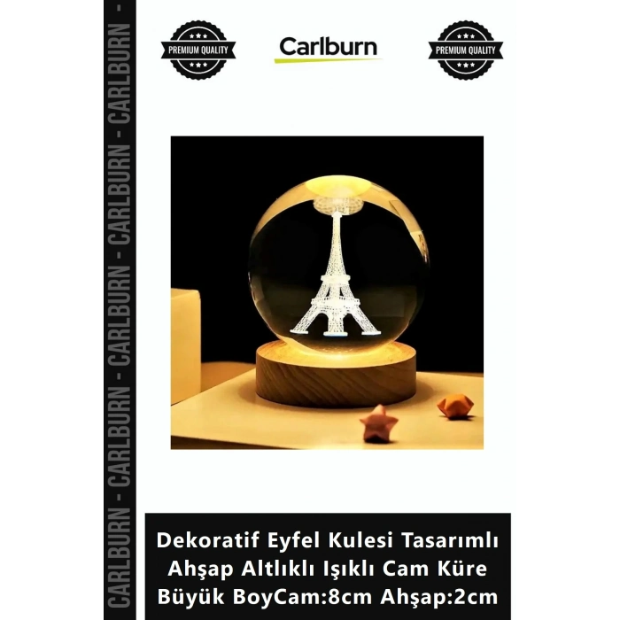 Özel Üretim Şık Dekoratif Eyfel Kulesi Tasarımlı Ahşap Altlıklı Işıklı Cam Küre Büyük BoyCam8cm Ahşa