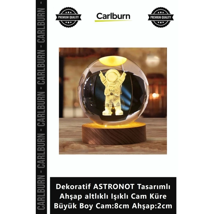 Özel Üretim Dekoratif ASTRONOT Tasarımlı Ahşap altlıklı Işıklı Cam Küre Büyük Boy Cam8cm Ahşap2cm