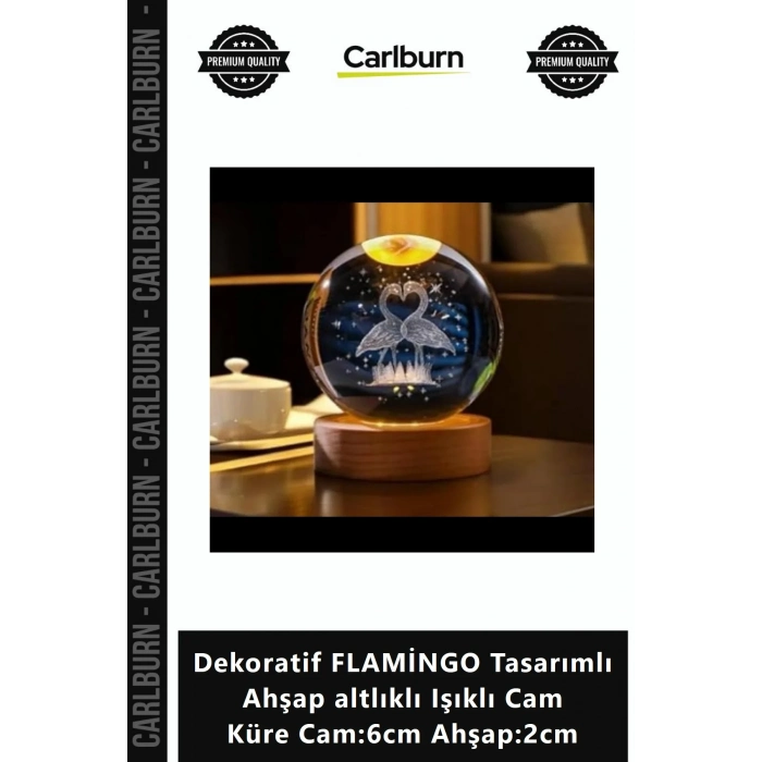 Özel Üretim Dekoratif FLAMİNGO Tasarımlı Ahşap altlıklı Işıklı Cam Küre Cam6cm Ahşap2cm