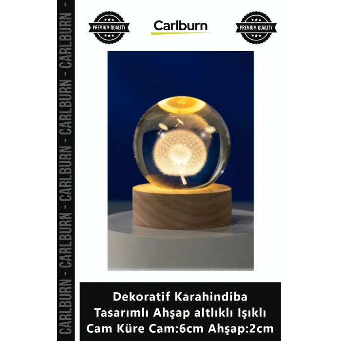 Özel Üretim Zarif Dekoratif Karahindiba Tasarımlı Ahşap altlıklı Işıklı Cam Küre Cam6cm Ahşap2cm