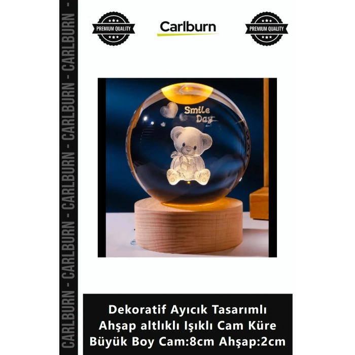 Özel Üretim Dekoratif Ayıcık Tasarımlı Ahşap altlıklı Işıklı Cam Küre Büyük Boy Cam8cm Ahşap2cm