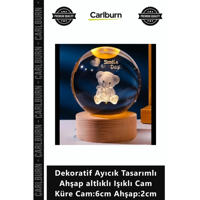 Özel Üretim Şık Hediye Dekoratif Ayıcık Tasarımlı Ahşap altlıklı Işıklı Cam Küre Cam6cm Ahşap2cm