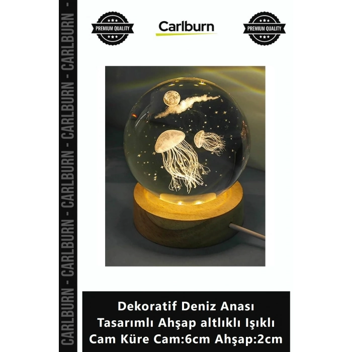 Özel Üretim Hediye Dekoratif Deniz Anası Tasarımlı Ahşap altlıklı Işıklı Cam Küre Cam6cm Ahşap2cm