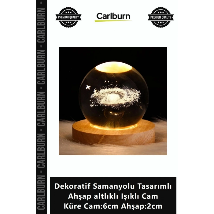 Özel Üretim Şık Gece Dekoratif Samanyolu Tasarımlı Ahşap altlıklı Işıklı Cam Küre Cam6cm Ahşap2cm