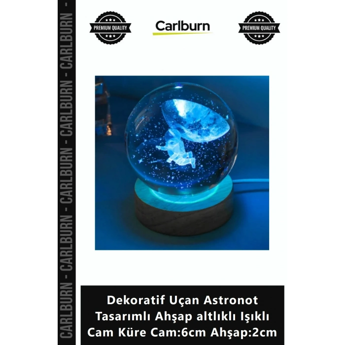 Özel Üretim Şık Dekoratif Uçan Astronot Tasarımlı Ahşap altlıklı Işıklı Cam Küre Cam6cm Ahşap2cm