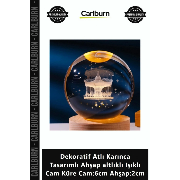 Özel Üretim Şık Dekoratif Atlı Karınca Tasarımlı Ahşap altlıklı Işıklı Cam Küre Cam6cm Ahşap2cm