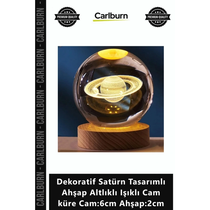 Özel Üretim Hediye Şık Dekoratif Satürn Tasarımlı Ahşap Altlıklı Işıklı Cam küre Cam6cm Ahşap2cm
