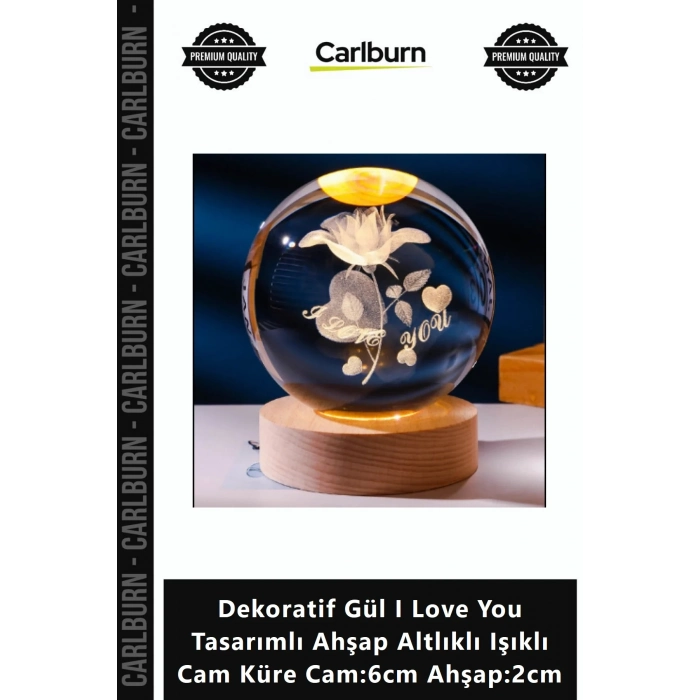 Özel Üretim Şık Dekoratif Gül I Love You Tasarımlı Ahşap Altlıklı Işıklı Cam Küre Cam6cm Ahşap2cm