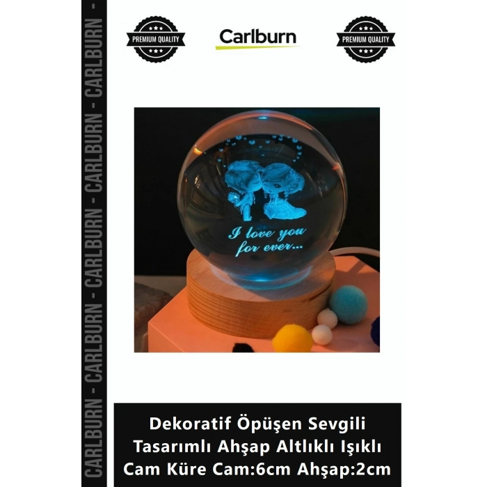Özel Üretim Şık Dekoratif Öpüşen Sevgili Tasarımlı Ahşap Altlıklı Işıklı Cam Küre Cam6cm Ahşap2cm