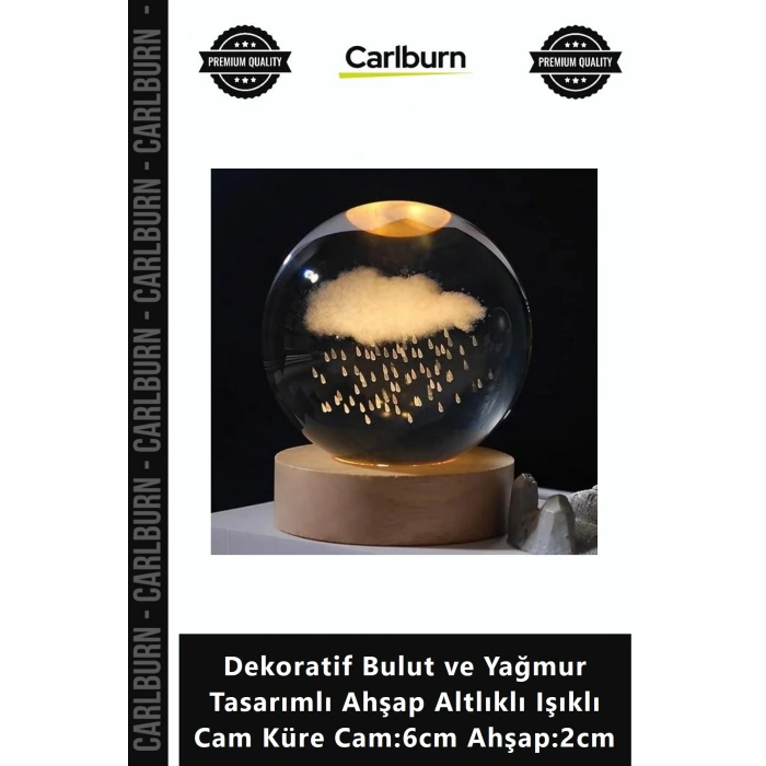 Özel Üretim Dekoratif Bulut Yağmur Tasarımlı Ahşap Altlıklı Işıklı Cam Küre Cam6cm Ahşap2cm